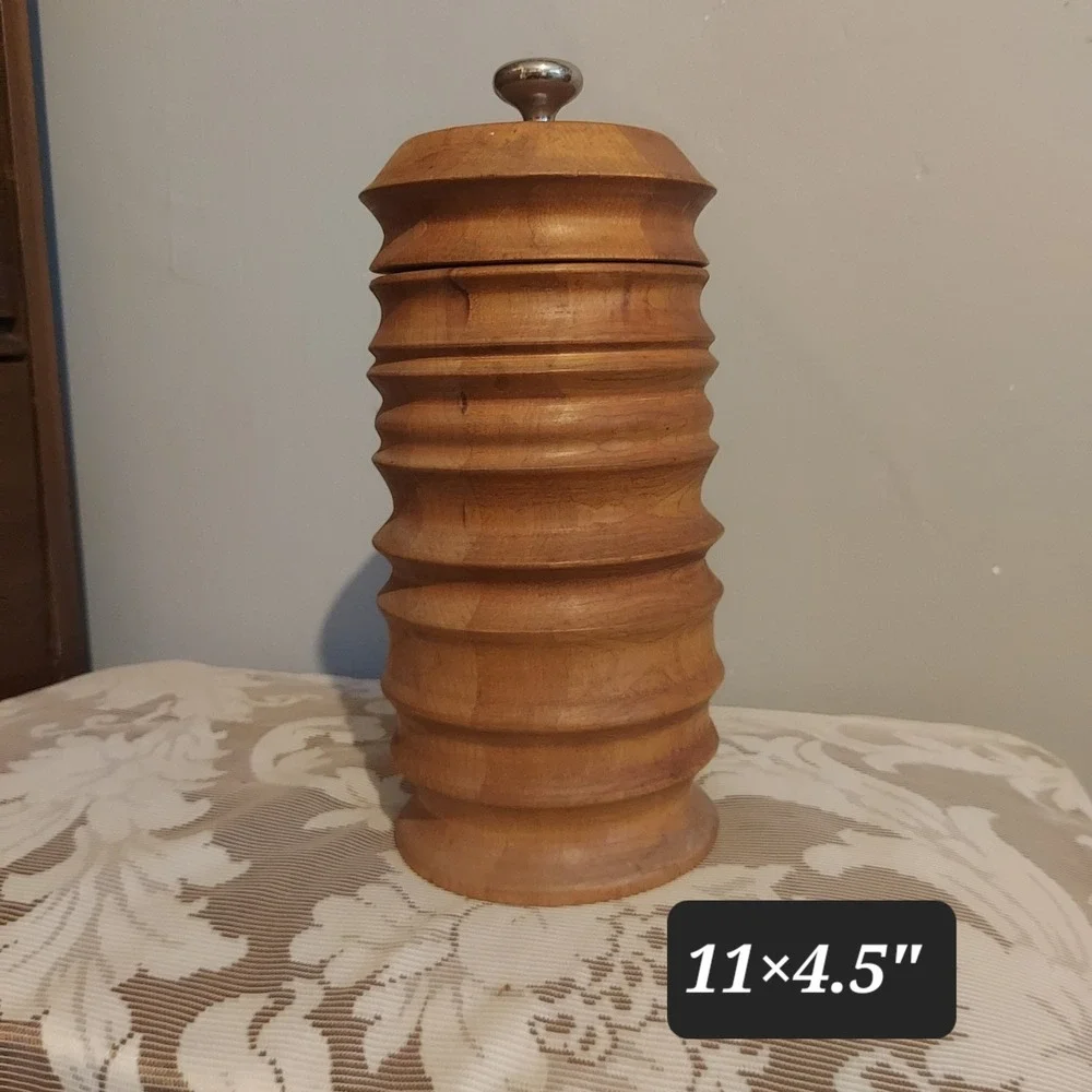 Vintage Ribbed Turned Wood Canister Beehive Storage Jar Silver Knob 11x4.5 Brown